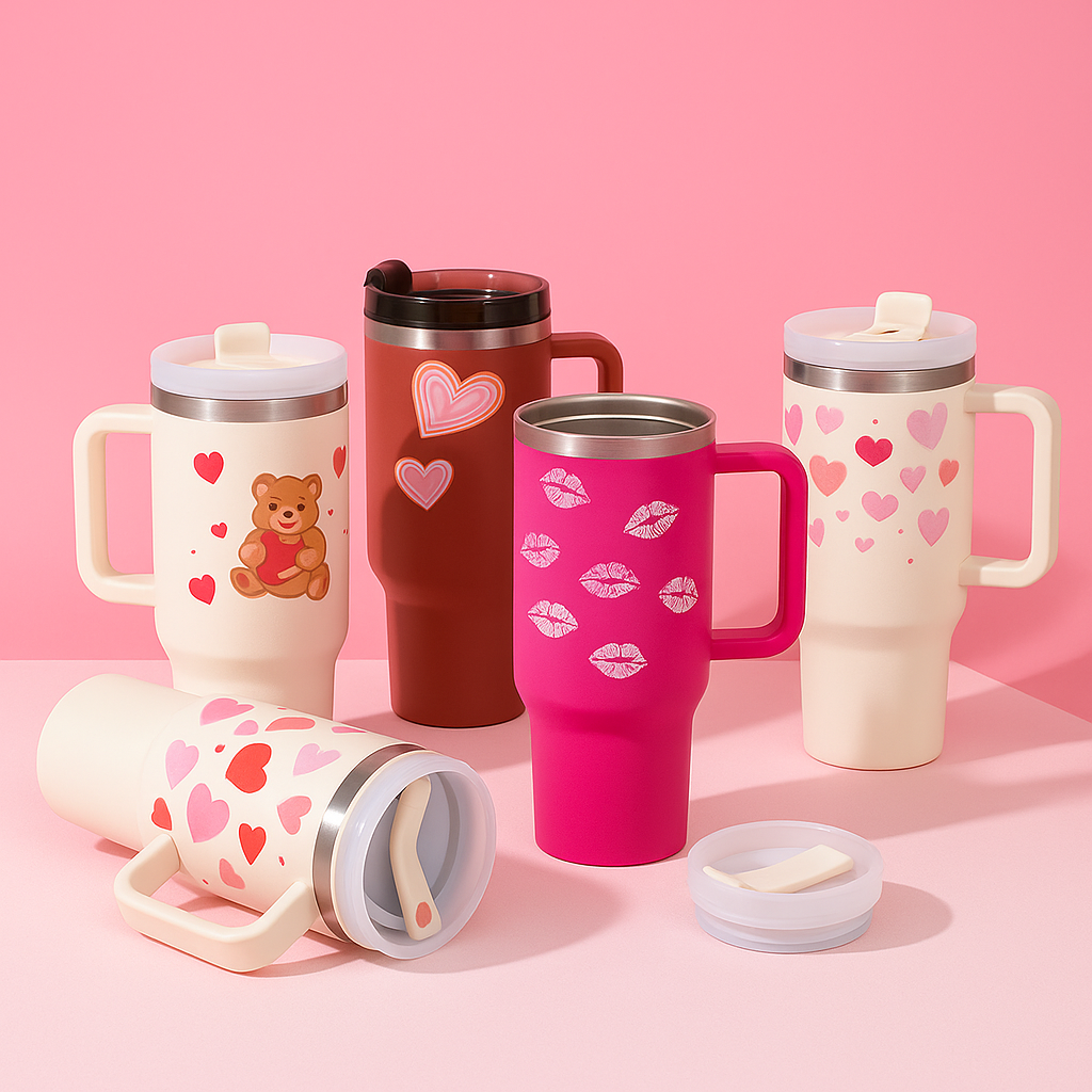 Set of colorful insulated mugs with various designs on a pink background