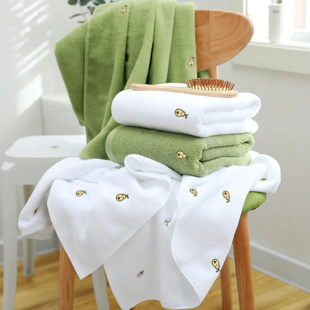 Embroidered Avocado Cotton Towel Set for Adults
