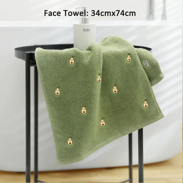 Embroidered Avocado Cotton Towel Set for Adults