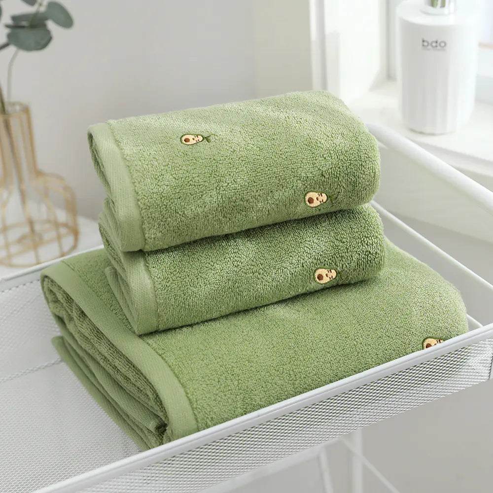 Embroidered Avocado Cotton Towel Set for Adults